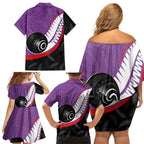 Personalised Aotearoa Lawn Bowls Family Matching Off Shoulder Short Dress and Hawaiian Shirt Maori and Silver Fern Sporty Style Purple Color - Aussie Hoodie
