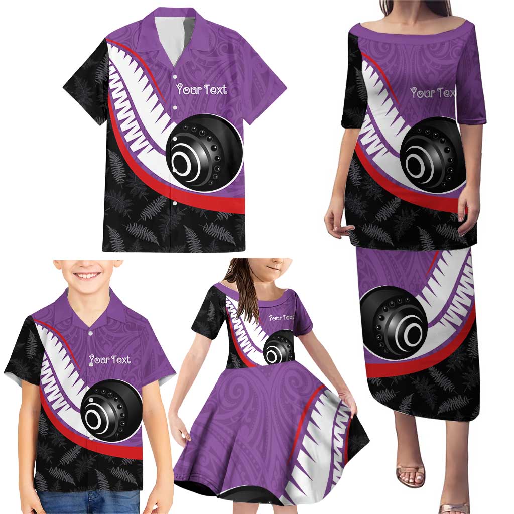 Personalised Aotearoa Lawn Bowls Family Matching Puletasi and Hawaiian Shirt Maori and Silver Fern Sporty Style Purple Color - Aussie Hoodie