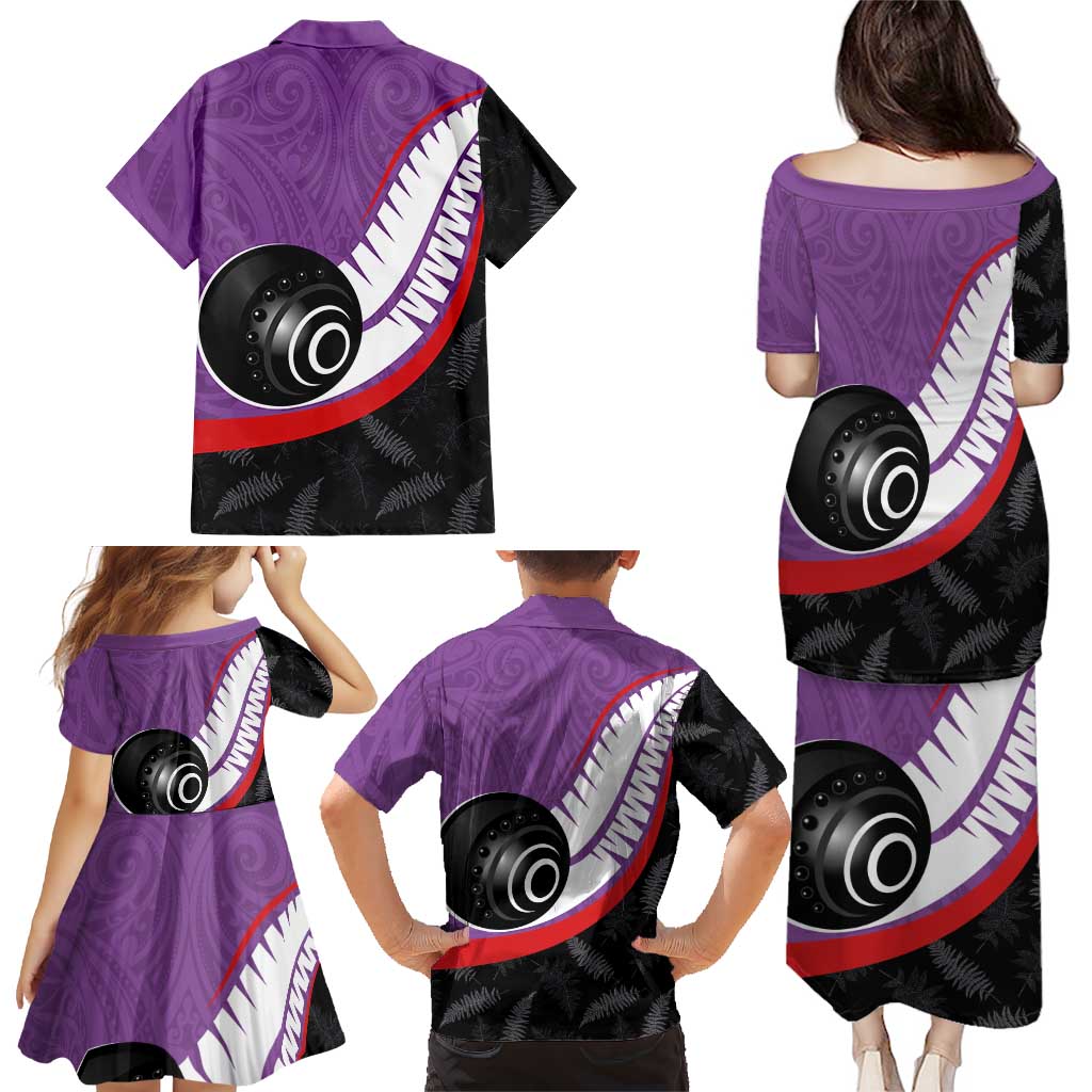 Personalised Aotearoa Lawn Bowls Family Matching Puletasi and Hawaiian Shirt Maori and Silver Fern Sporty Style Purple Color - Aussie Hoodie