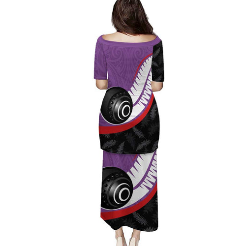 Personalised Aotearoa Lawn Bowls Family Matching Puletasi and Hawaiian Shirt Maori and Silver Fern Sporty Style Purple Color - Aussie Hoodie