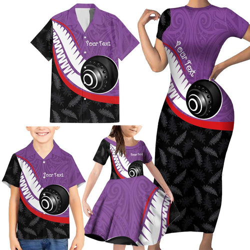 Personalised Aotearoa Lawn Bowls Family Matching Short Sleeve Bodycon Dress and Hawaiian Shirt Maori and Silver Fern Sporty Style Purple Color - Aussie Hoodie