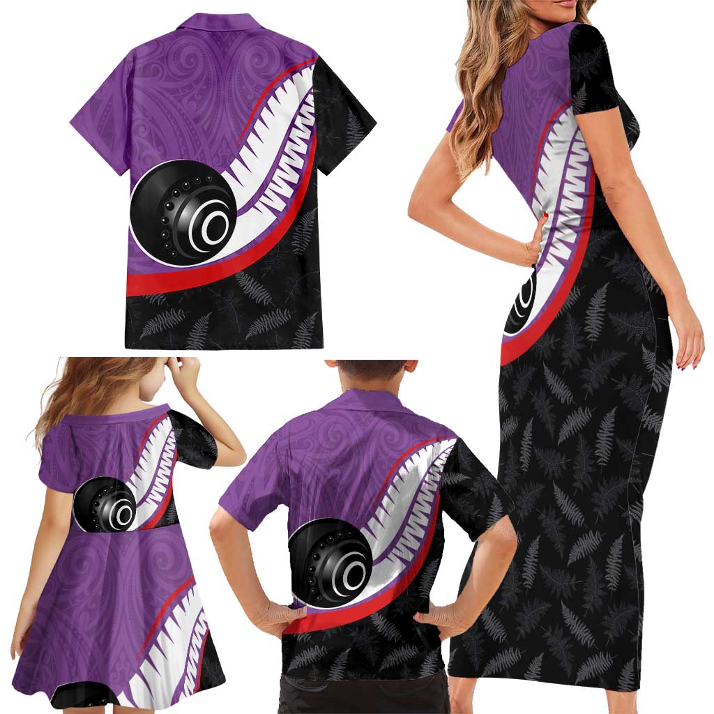 Personalised Aotearoa Lawn Bowls Family Matching Short Sleeve Bodycon Dress and Hawaiian Shirt Maori and Silver Fern Sporty Style Purple Color - Aussie Hoodie