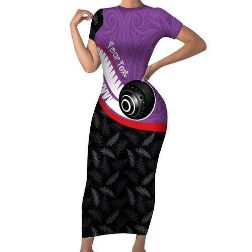 Personalised Aotearoa Lawn Bowls Family Matching Short Sleeve Bodycon Dress and Hawaiian Shirt Maori and Silver Fern Sporty Style Purple Color - Aussie Hoodie