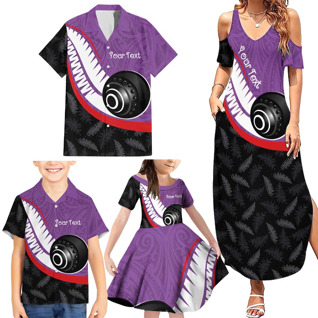 Personalised Aotearoa Lawn Bowls Family Matching Summer Maxi Dress and Hawaiian Shirt Maori and Silver Fern Sporty Style Purple Color - Aussie Hoodie