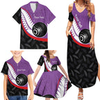 Personalised Aotearoa Lawn Bowls Family Matching Summer Maxi Dress and Hawaiian Shirt Maori and Silver Fern Sporty Style Purple Color - Aussie Hoodie