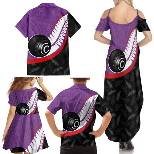 Personalised Aotearoa Lawn Bowls Family Matching Summer Maxi Dress and Hawaiian Shirt Maori and Silver Fern Sporty Style Purple Color - Aussie Hoodie