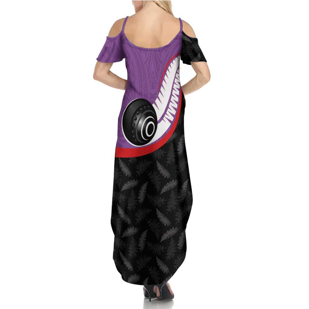 Personalised Aotearoa Lawn Bowls Family Matching Summer Maxi Dress and Hawaiian Shirt Maori and Silver Fern Sporty Style Purple Color - Aussie Hoodie