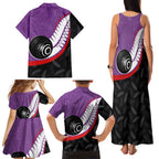 Personalised Aotearoa Lawn Bowls Family Matching Tank Maxi Dress and Hawaiian Shirt Maori and Silver Fern Sporty Style Purple Color - Aussie Hoodie