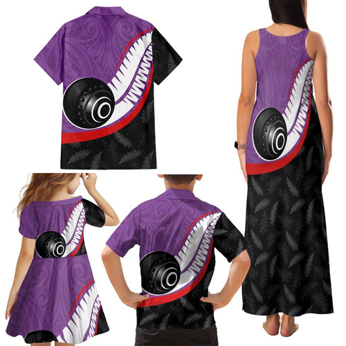 Personalised Aotearoa Lawn Bowls Family Matching Tank Maxi Dress and Hawaiian Shirt Maori and Silver Fern Sporty Style Purple Color - Aussie Hoodie