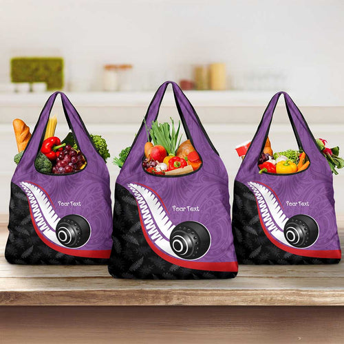 Personalised Aotearoa Lawn Bowls Grocery Bag Maori and Silver Fern Sporty Style Purple Color - Aussie Hoodie
