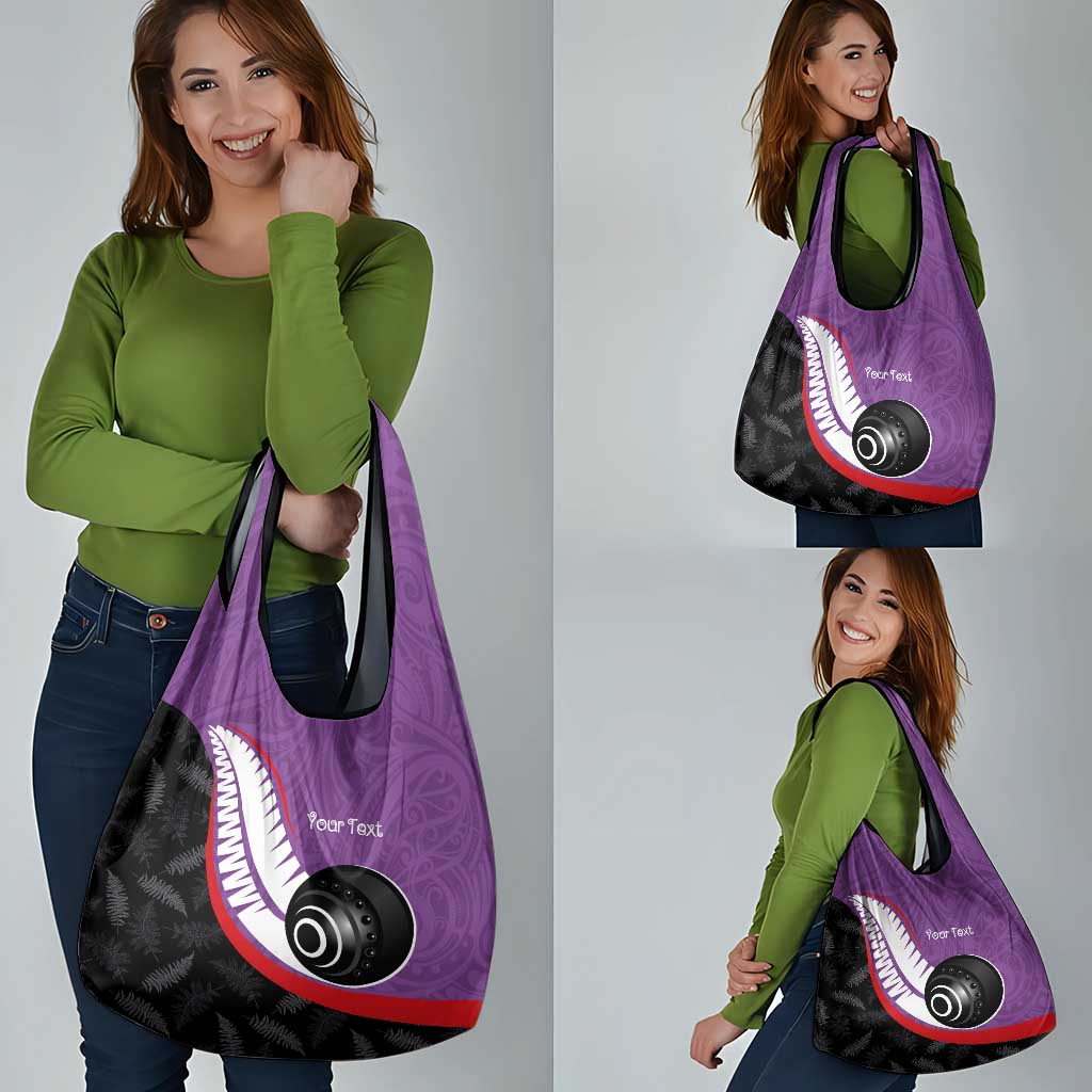 Personalised Aotearoa Lawn Bowls Grocery Bag Maori and Silver Fern Sporty Style Purple Color - Aussie Hoodie