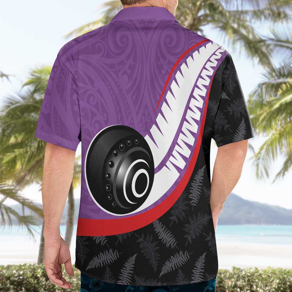 Personalised Aotearoa Lawn Bowls Hawaiian Shirt Maori and Silver Fern Sporty Style Purple Color - Aussie Hoodie