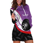 Personalised Aotearoa Lawn Bowls Hoodie Dress Maori and Silver Fern Sporty Style Purple Color - Aussie Hoodie