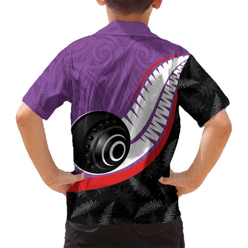Personalised Aotearoa Lawn Bowls Kid Hawaiian Shirt Maori and Silver Fern Sporty Style Purple Color - Aussie Hoodie