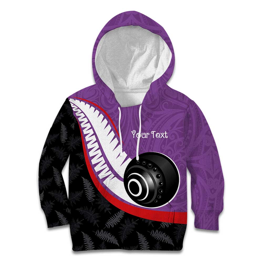 Personalised Aotearoa Lawn Bowls Kid Hoodie Maori and Silver Fern Sporty Style Purple Color - Aussie Hoodie