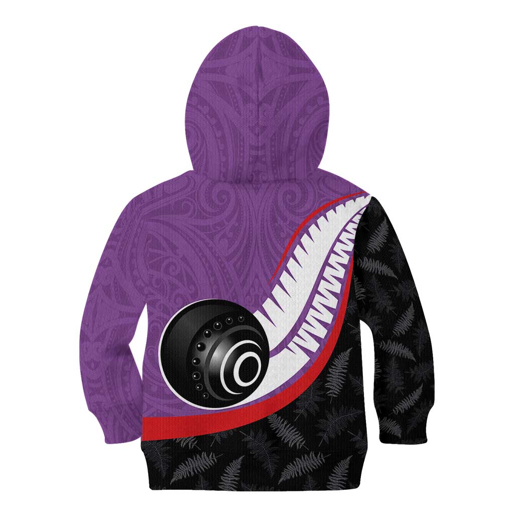 Personalised Aotearoa Lawn Bowls Kid Hoodie Maori and Silver Fern Sporty Style Purple Color - Aussie Hoodie