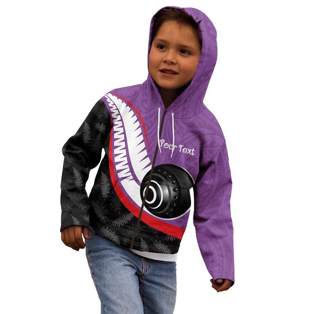 Personalised Aotearoa Lawn Bowls Kid Hoodie Maori and Silver Fern Sporty Style Purple Color - Aussie Hoodie