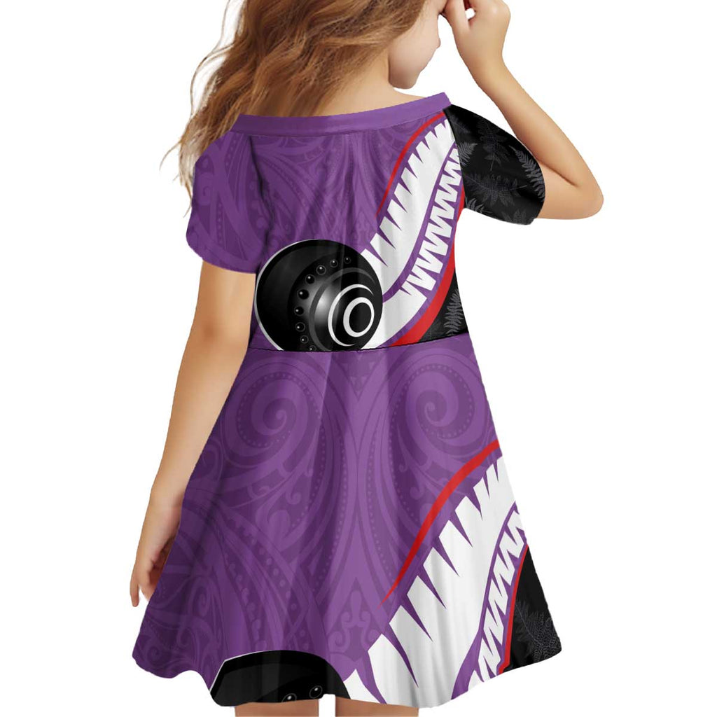 Personalised Aotearoa Lawn Bowls Kid Short Sleeve Dress Maori and Silver Fern Sporty Style Purple Color - Aussie Hoodie