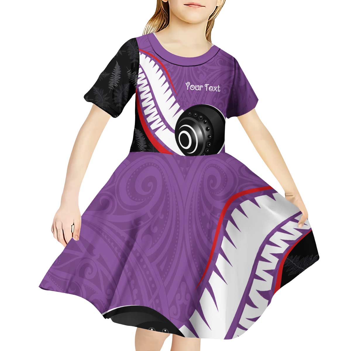 Personalised Aotearoa Lawn Bowls Kid Short Sleeve Dress Maori and Silver Fern Sporty Style Purple Color - Aussie Hoodie