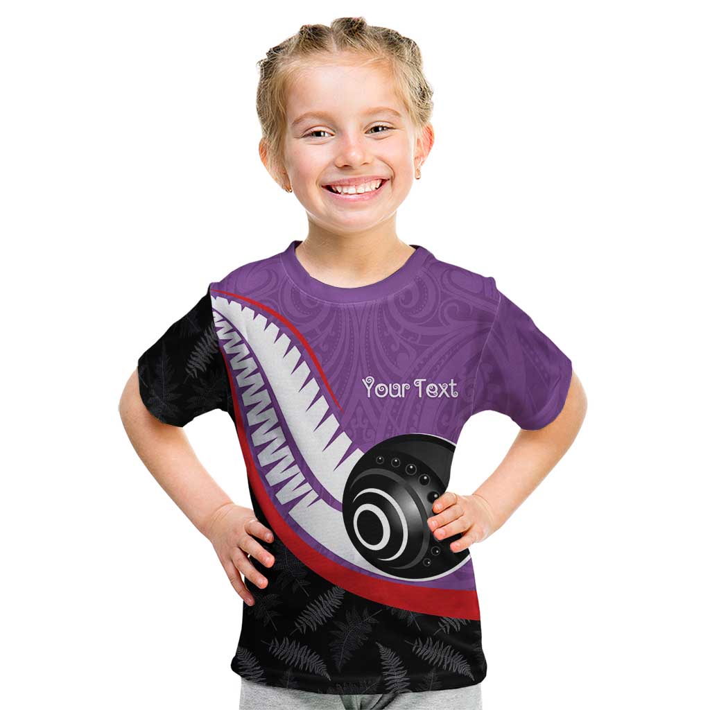 Personalised Aotearoa Lawn Bowls Kid T Shirt Maori and Silver Fern Sporty Style Purple Color - Aussie Hoodie