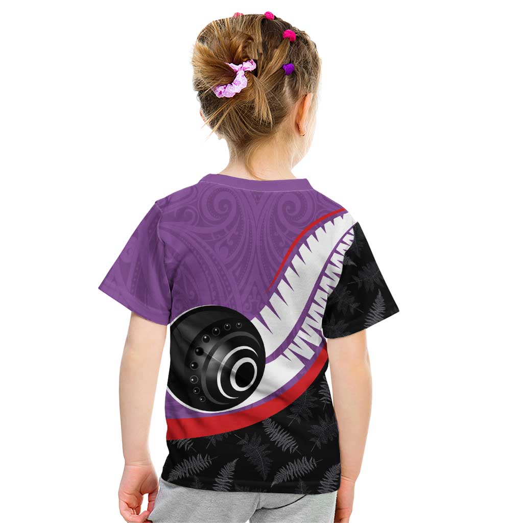 Personalised Aotearoa Lawn Bowls Kid T Shirt Maori and Silver Fern Sporty Style Purple Color - Aussie Hoodie