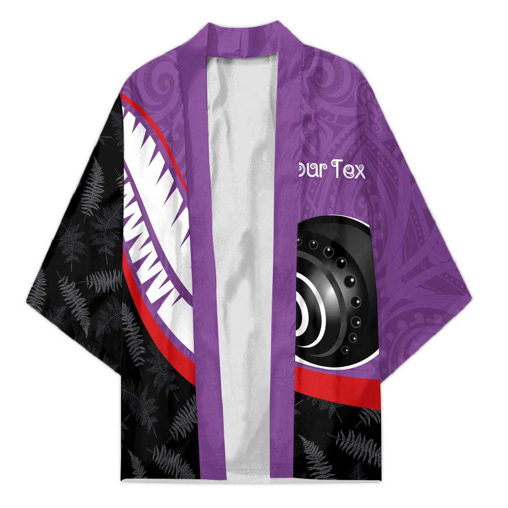Personalised Aotearoa Lawn Bowls Kimono Maori and Silver Fern Sporty Style Purple Color - Aussie Hoodie