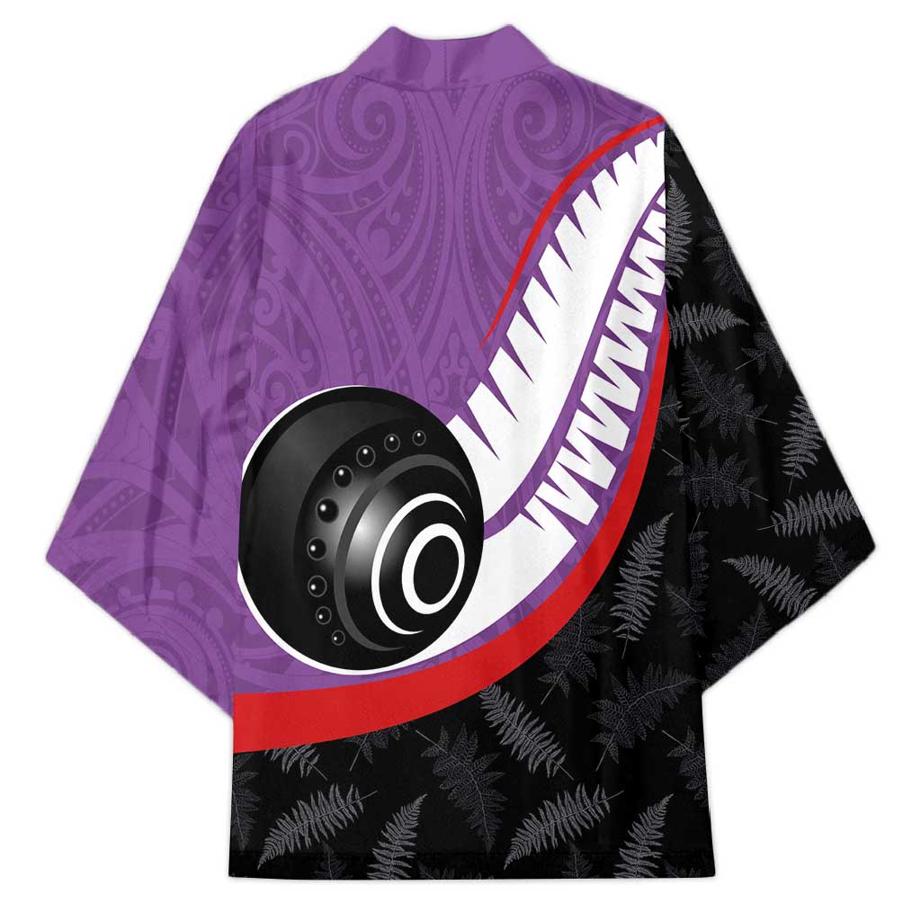 Personalised Aotearoa Lawn Bowls Kimono Maori and Silver Fern Sporty Style Purple Color - Aussie Hoodie