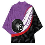 Personalised Aotearoa Lawn Bowls Kimono Maori and Silver Fern Sporty Style Purple Color - Aussie Hoodie