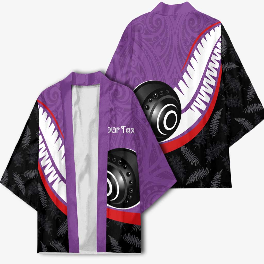 Personalised Aotearoa Lawn Bowls Kimono Maori and Silver Fern Sporty Style Purple Color - Aussie Hoodie
