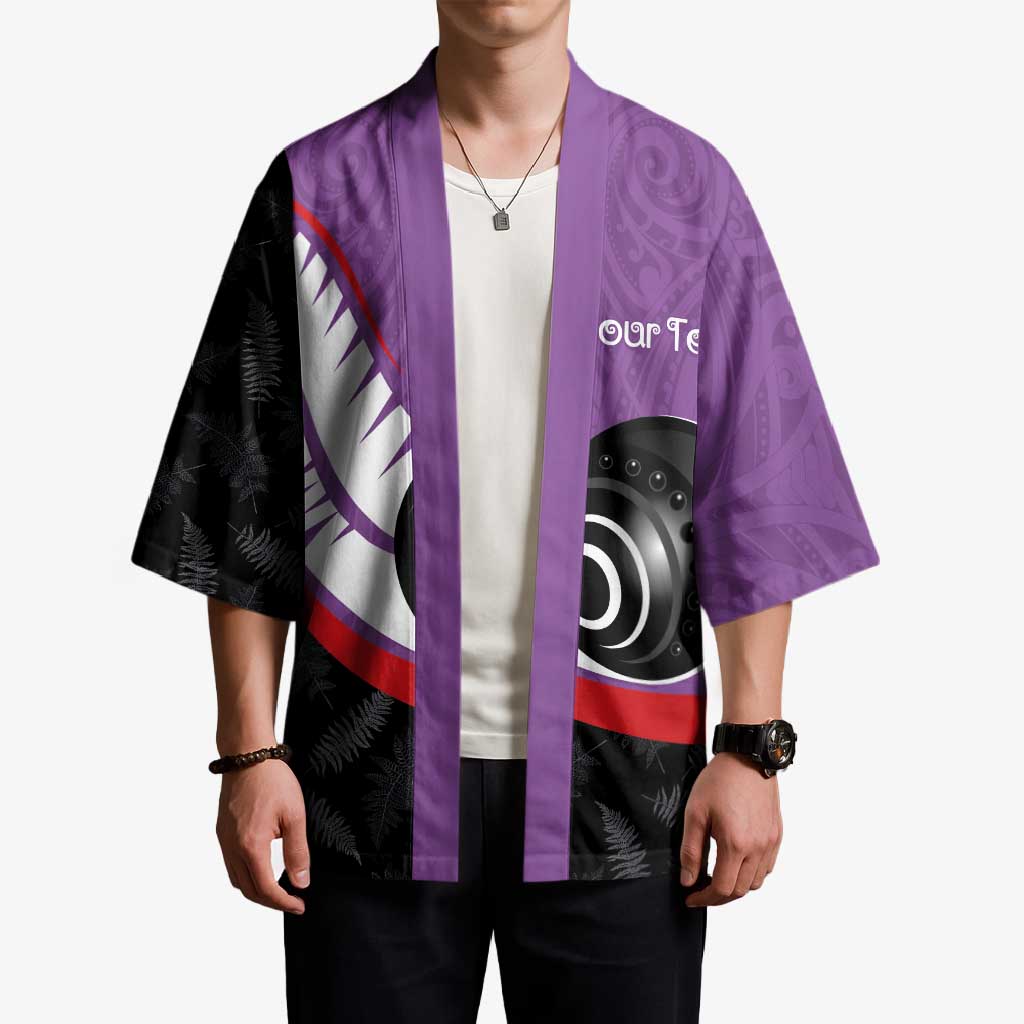 Personalised Aotearoa Lawn Bowls Kimono Maori and Silver Fern Sporty Style Purple Color - Aussie Hoodie