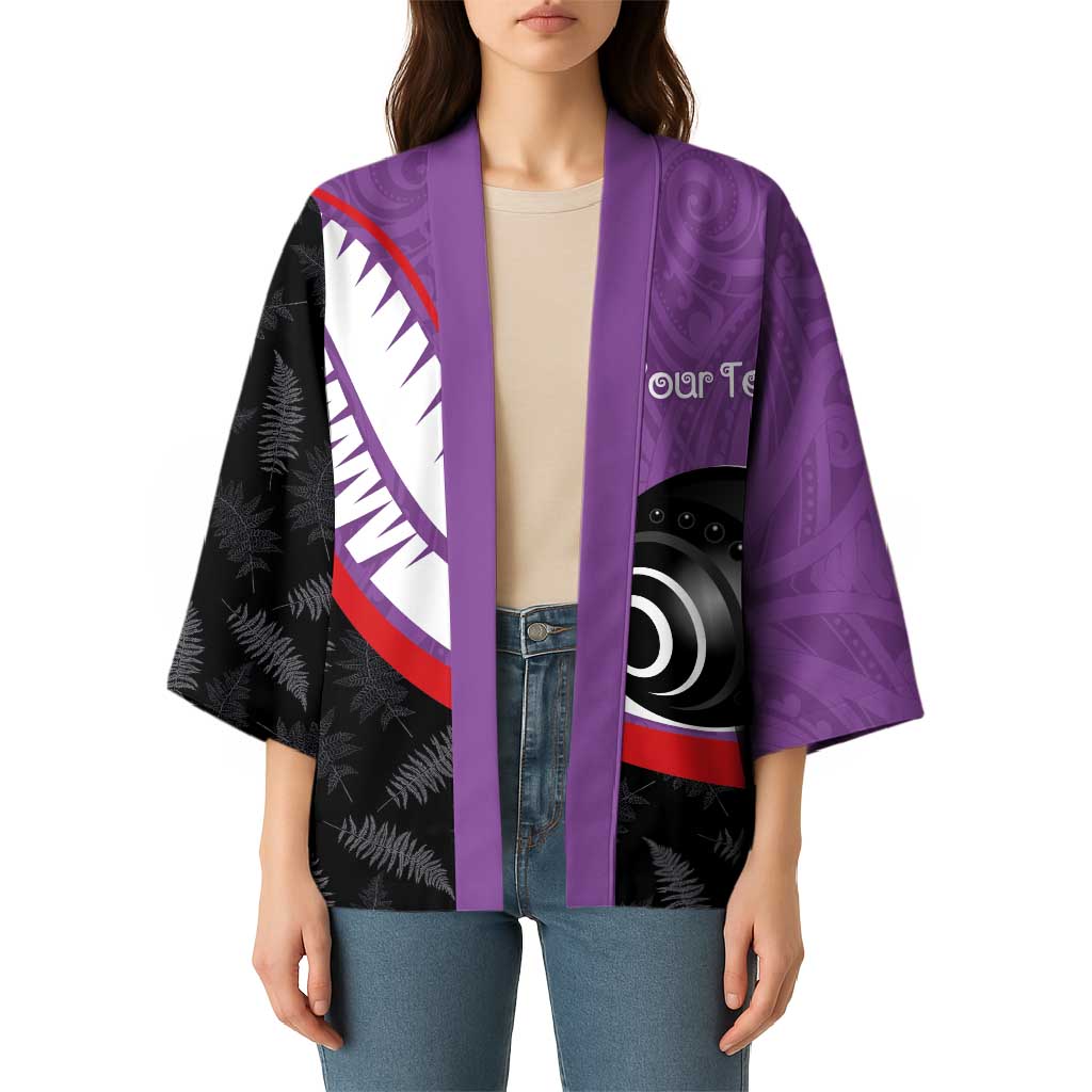 Personalised Aotearoa Lawn Bowls Kimono Maori and Silver Fern Sporty Style Purple Color - Aussie Hoodie
