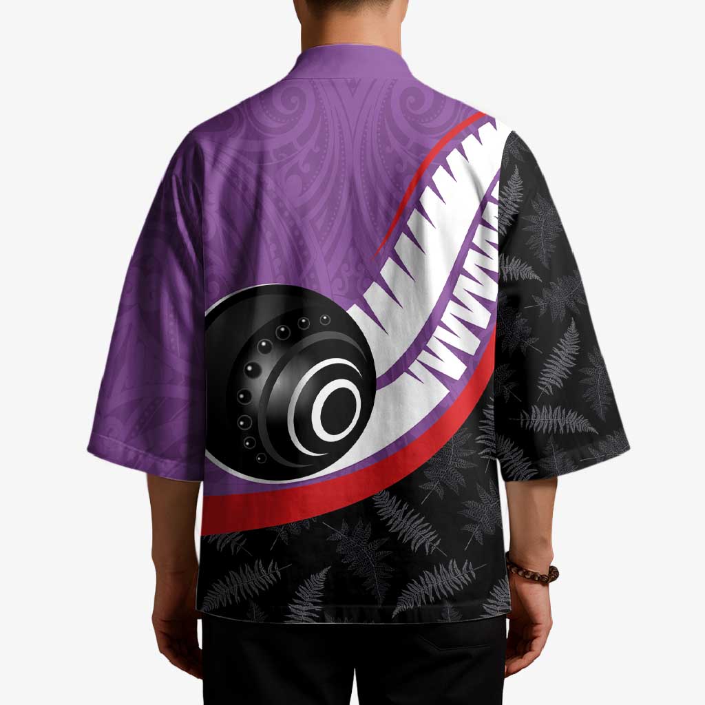 Personalised Aotearoa Lawn Bowls Kimono Maori and Silver Fern Sporty Style Purple Color - Aussie Hoodie