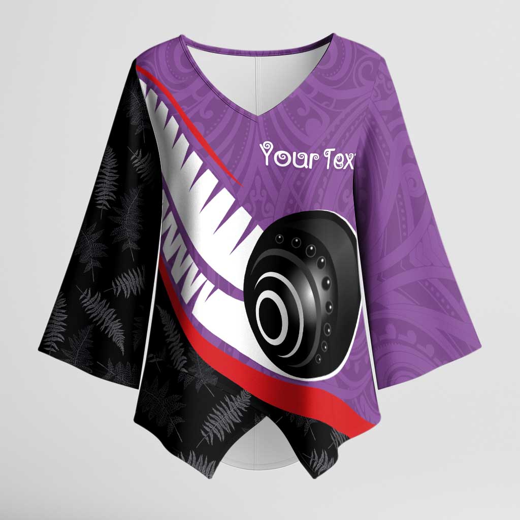 Personalised Aotearoa Lawn Bowls Kimono Sleeve Blouse Maori and Silver Fern Sporty Style Purple Color - Aussie Hoodie