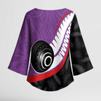 Personalised Aotearoa Lawn Bowls Kimono Sleeve Blouse Maori and Silver Fern Sporty Style Purple Color - Aussie Hoodie