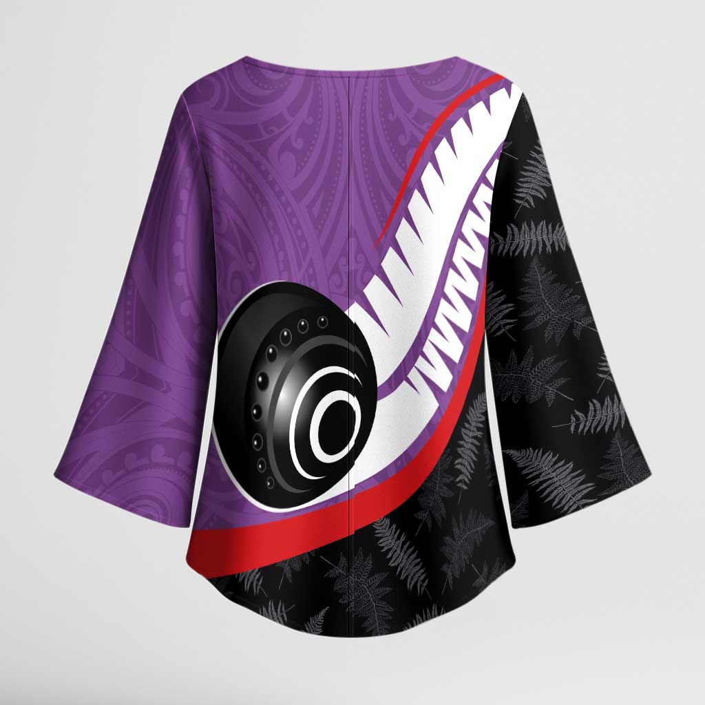 Personalised Aotearoa Lawn Bowls Kimono Sleeve Blouse Maori and Silver Fern Sporty Style Purple Color - Aussie Hoodie