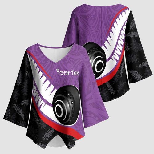 Personalised Aotearoa Lawn Bowls Kimono Sleeve Blouse Maori and Silver Fern Sporty Style Purple Color - Aussie Hoodie
