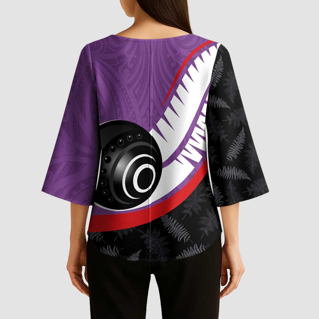 Personalised Aotearoa Lawn Bowls Kimono Sleeve Blouse Maori and Silver Fern Sporty Style Purple Color - Aussie Hoodie