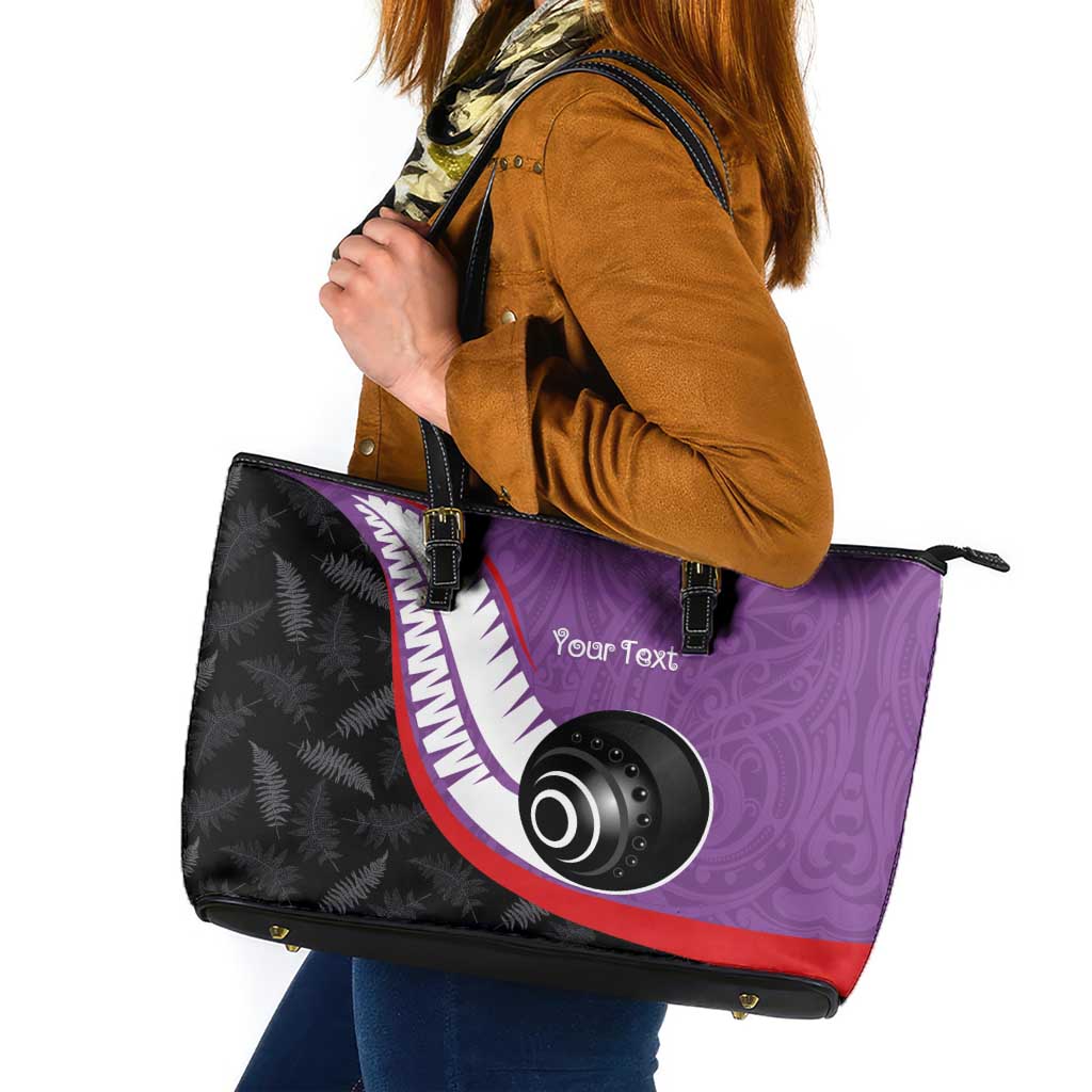 Personalised Aotearoa Lawn Bowls Leather Tote Bag Maori and Silver Fern Sporty Style Purple Color - Aussie Hoodie