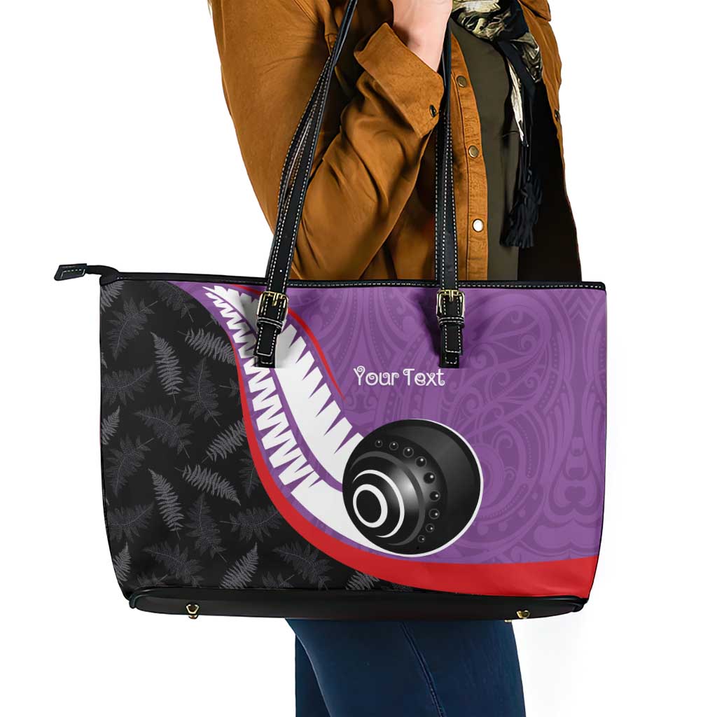 Personalised Aotearoa Lawn Bowls Leather Tote Bag Maori and Silver Fern Sporty Style Purple Color - Aussie Hoodie