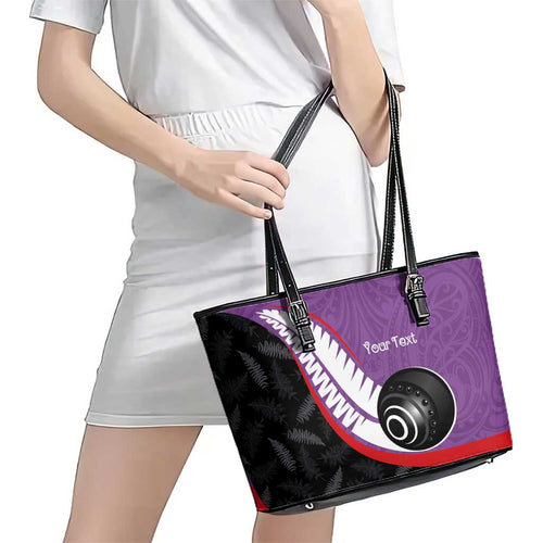 Personalised Aotearoa Lawn Bowls Leather Tote Bag Maori and Silver Fern Sporty Style Purple Color - Aussie Hoodie