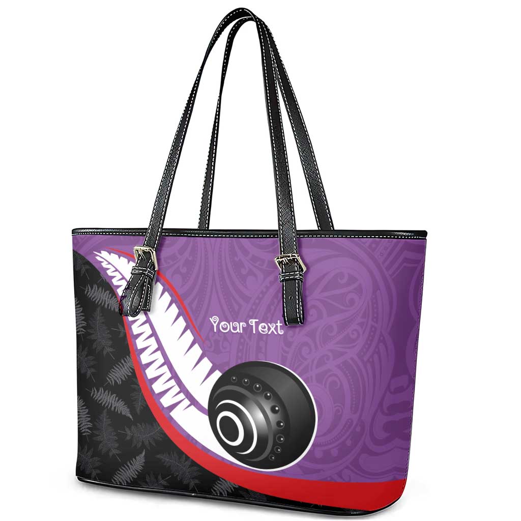 Personalised Aotearoa Lawn Bowls Leather Tote Bag Maori and Silver Fern Sporty Style Purple Color - Aussie Hoodie