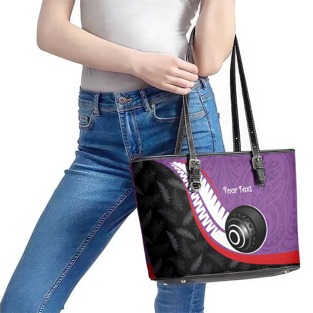 Personalised Aotearoa Lawn Bowls Leather Tote Bag Maori and Silver Fern Sporty Style Purple Color - Aussie Hoodie