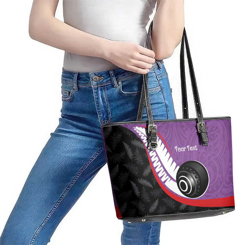 Personalised Aotearoa Lawn Bowls Leather Tote Bag Maori and Silver Fern Sporty Style Purple Color - Aussie Hoodie