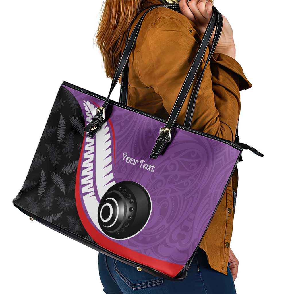 Personalised Aotearoa Lawn Bowls Leather Tote Bag Maori and Silver Fern Sporty Style Purple Color - Aussie Hoodie