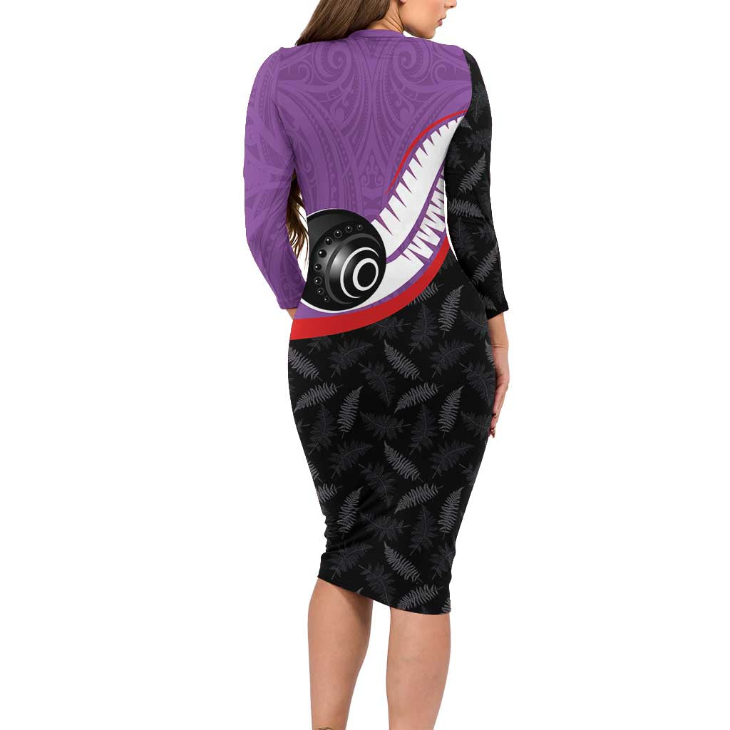 Personalised Aotearoa Lawn Bowls Long Sleeve Bodycon Dress Maori and Silver Fern Sporty Style Purple Color - Aussie Hoodie