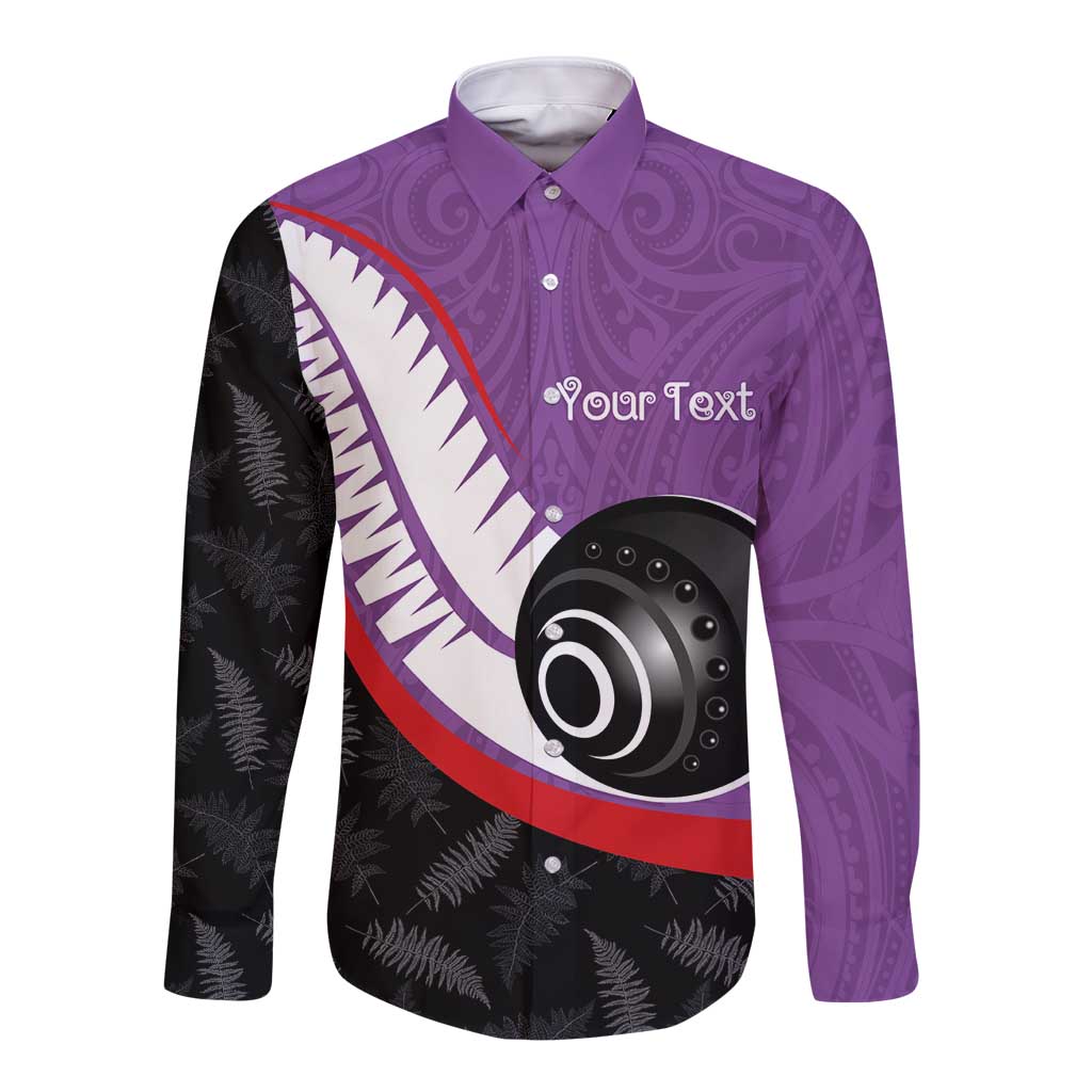 Personalised Aotearoa Lawn Bowls Long Sleeve Button Shirt Maori and Silver Fern Sporty Style Purple Color - Aussie Hoodie