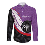 Personalised Aotearoa Lawn Bowls Long Sleeve Button Shirt Maori and Silver Fern Sporty Style Purple Color - Aussie Hoodie