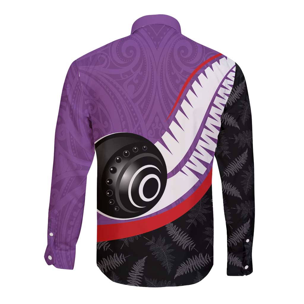 Personalised Aotearoa Lawn Bowls Long Sleeve Button Shirt Maori and Silver Fern Sporty Style Purple Color - Aussie Hoodie