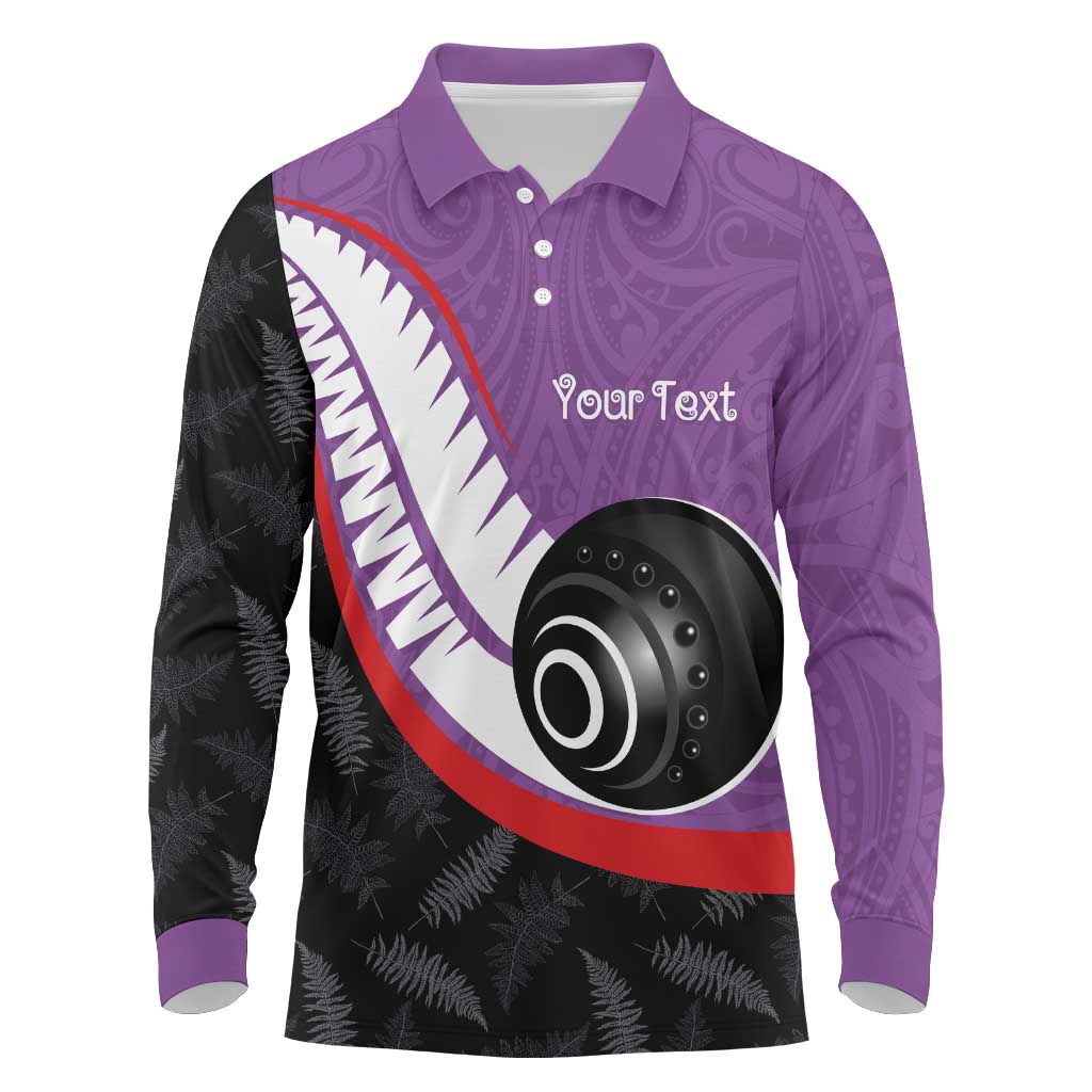 Personalised Aotearoa Lawn Bowls Long Sleeve Polo Shirt Maori and Silver Fern Sporty Style Purple Color - Aussie Hoodie