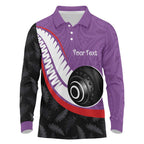 Personalised Aotearoa Lawn Bowls Long Sleeve Polo Shirt Maori and Silver Fern Sporty Style Purple Color - Aussie Hoodie